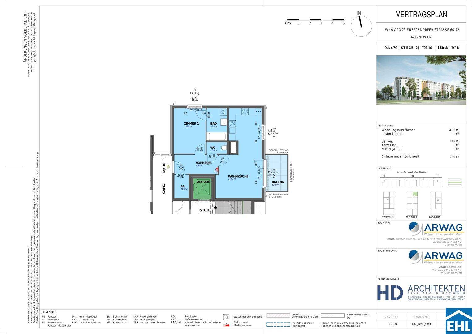 Detaillierter Grundriss einer Wohnung mit Balkon und Aufzugszugang.
