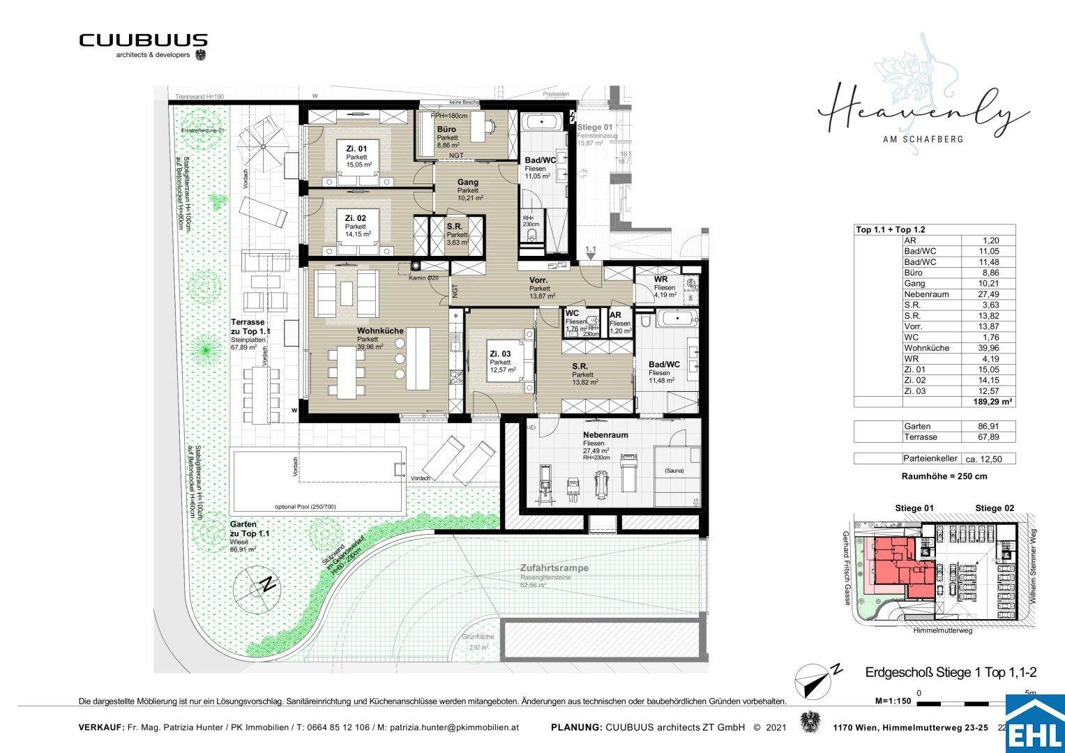 Grundriss einer Erdgeschosswohnung mit offenem Wohnbereich, drei Schlafzimmern, Terrasse und Garten mit Pool.