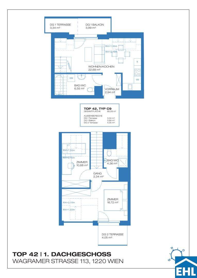 Grundriss einer Maisonette-Wohnung im Dachgeschoss mit offenem Wohn-/Kochbereich, zwei Bädern und mehreren Terrassen/Balkonen.