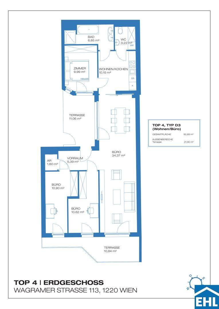 Grundriss einer Erdgeschosswohnung mit offenem Wohn-/Kochbereich, Bad, separatem WC und zwei Terrassen.