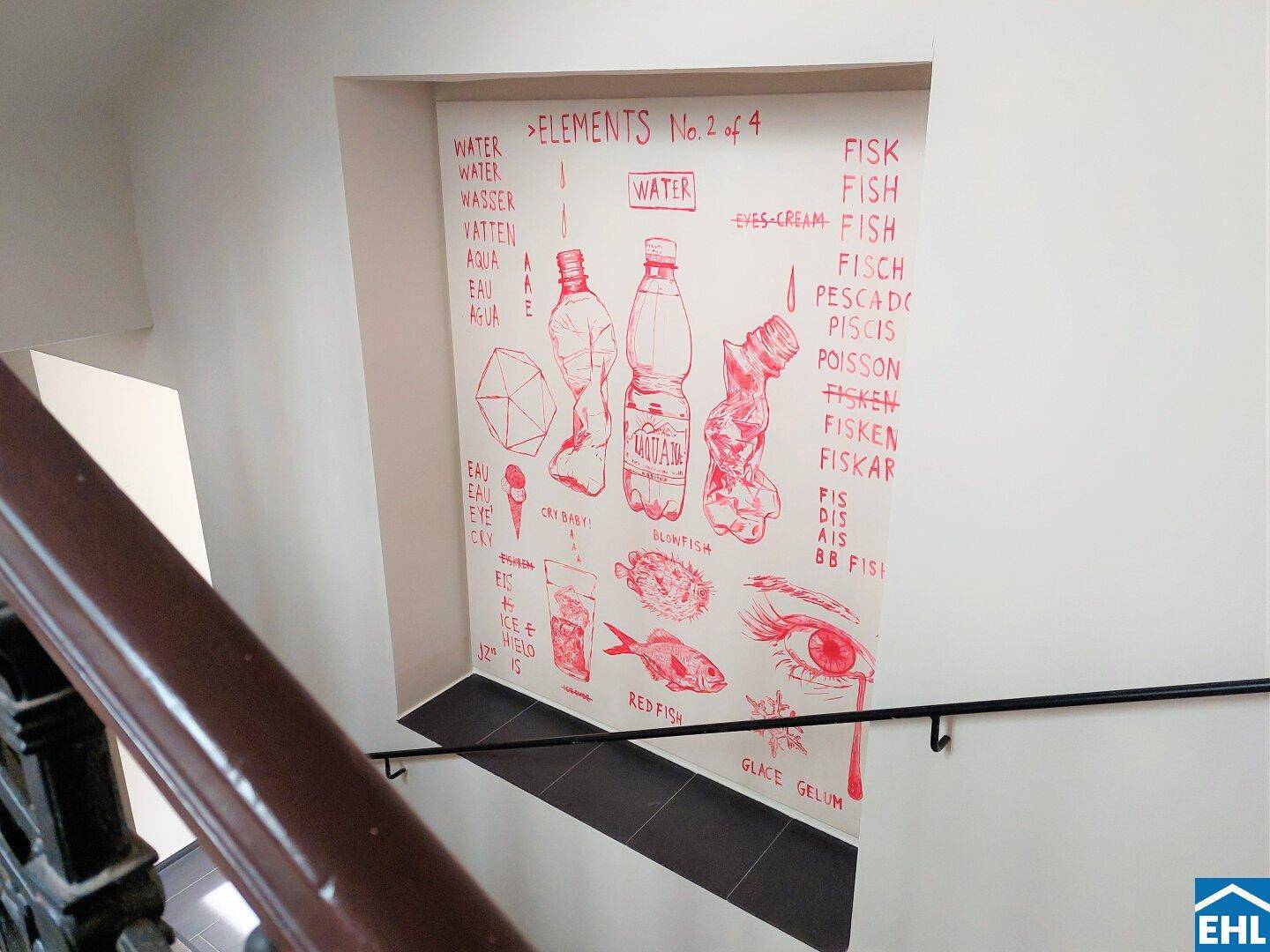 Treppenhaus mit künstlerischer Wandgestaltung in Rot, die verschiedene Wörter und Symbole zeigt.