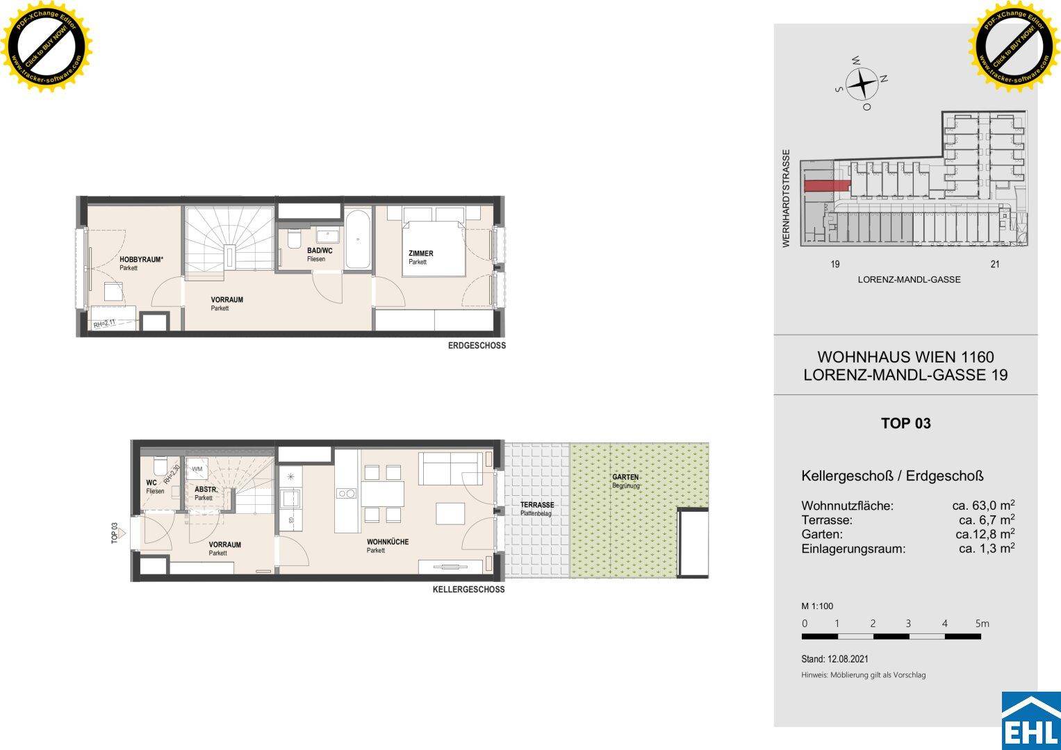 Grundriss des Wohnhauses mit Kellergeschoss und Erdgeschoss, inklusive Garten und Terrasse.