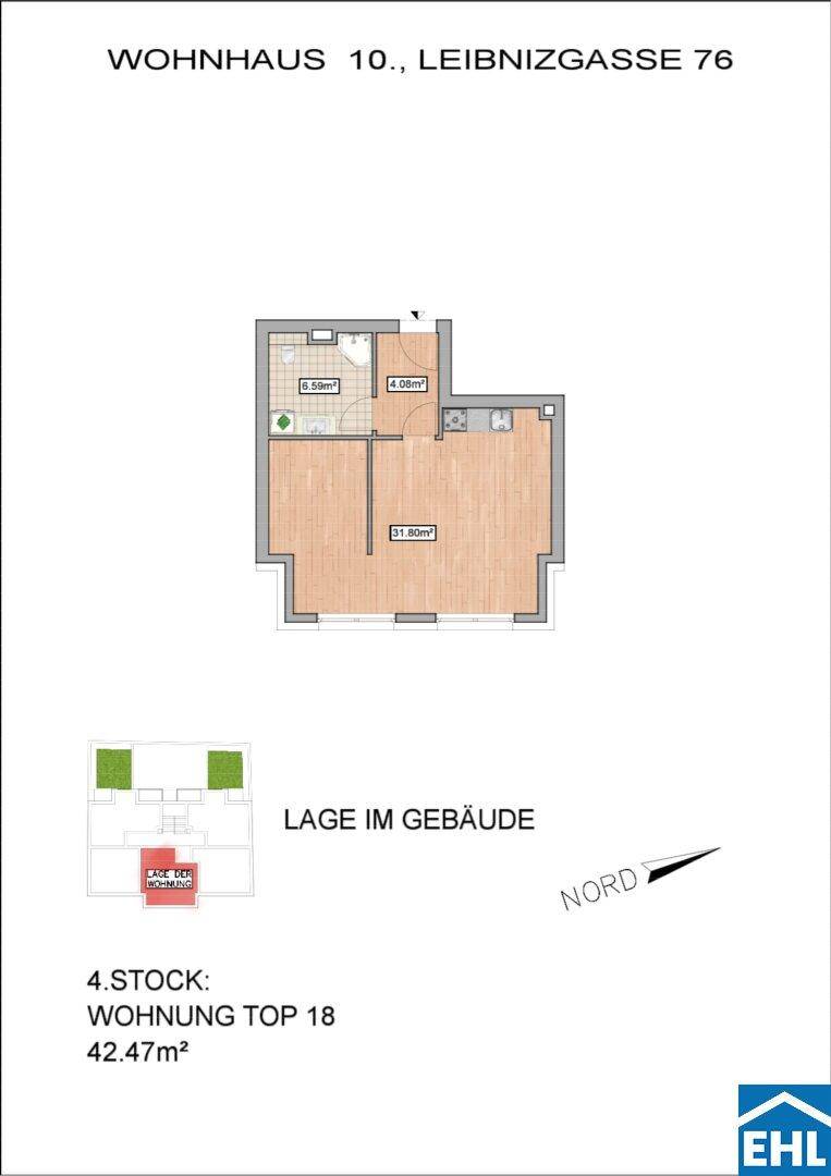 Grundriss der Wohnung Top 18 im 4. Stock mit 42.47m² Wohnfläche.