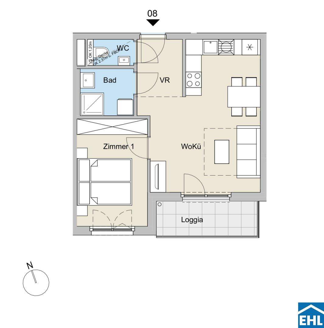 Grundriss einer Wohnung mit einem Schlafzimmer, Bad, separatem WC und offener Wohnküche mit Loggia.