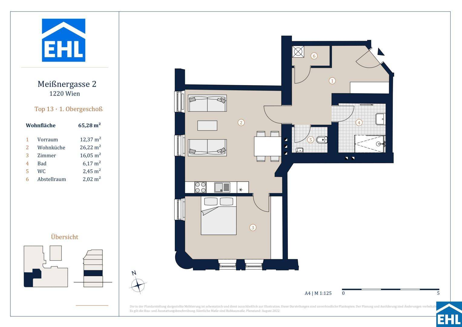 Grundriss der Wohnung mit 65,28 m² Wohnfläche und klarer Raumaufteilung.