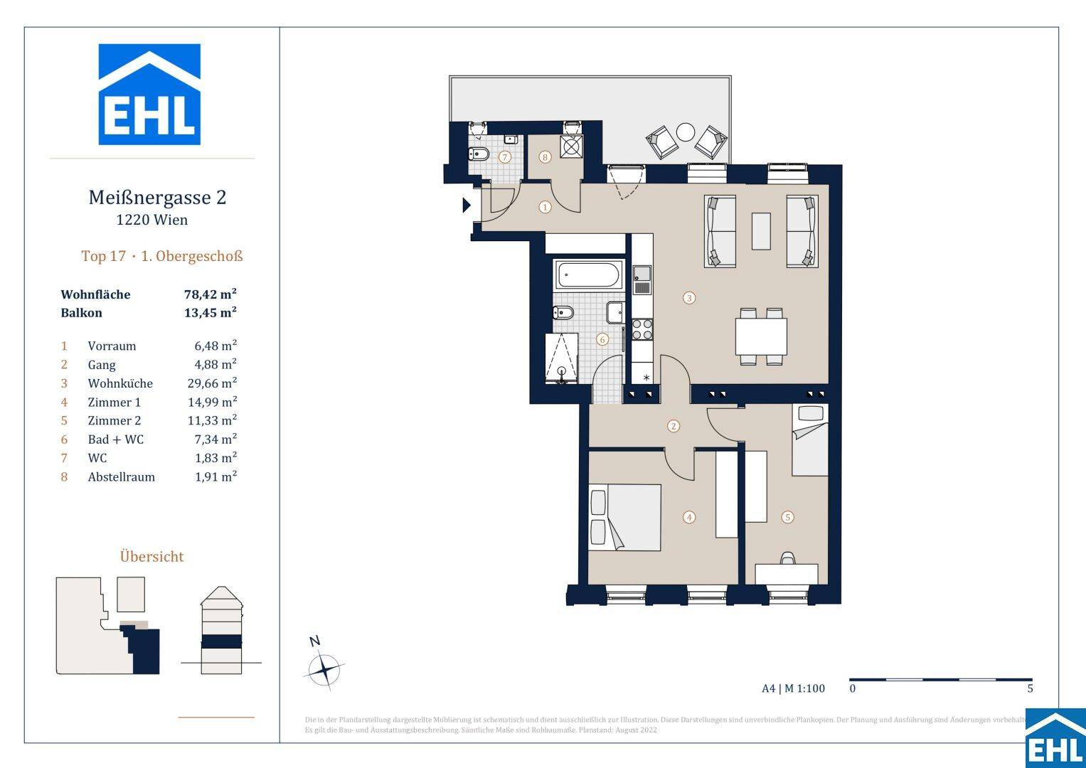 Grundriss der Wohnung mit 78,42 m² Wohnfläche und einem 13,45 m² großen Balkon.