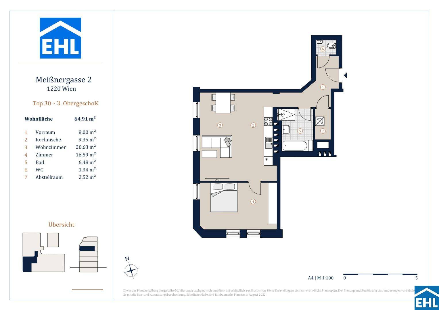 Detaillierter Grundriss einer Wohnung mit 64,91 m² Wohnfläche und Raumaufteilung.