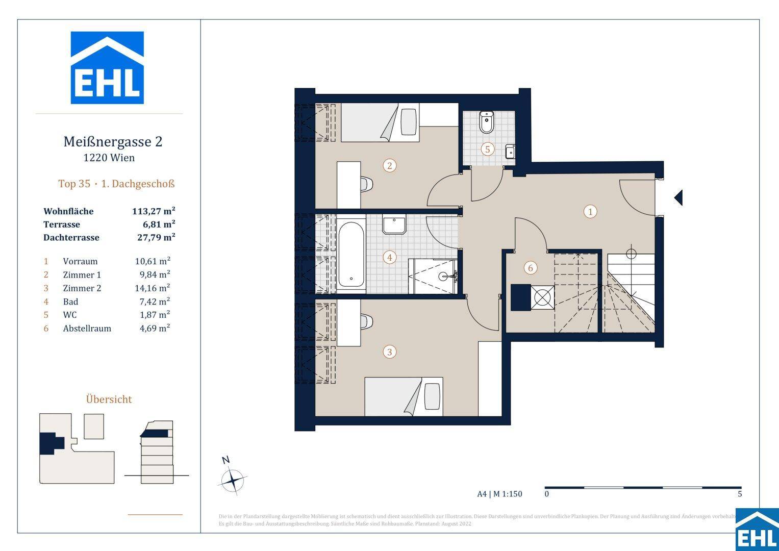 Grundriss einer Wohnung mit drei Zimmern, zwei Bädern, separatem WC und Dachterrasse.