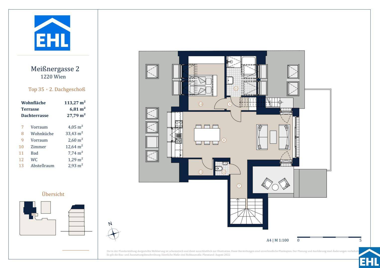 Detaillierter Grundriss mit Wohnfläche, Terrasse und Dachterrasse, inklusive Raummaßen.