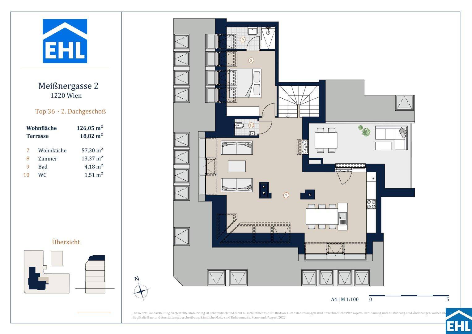 Grundriss des 2. Dachgeschosses mit Wohnküche, drei Zimmern und Terrasse.