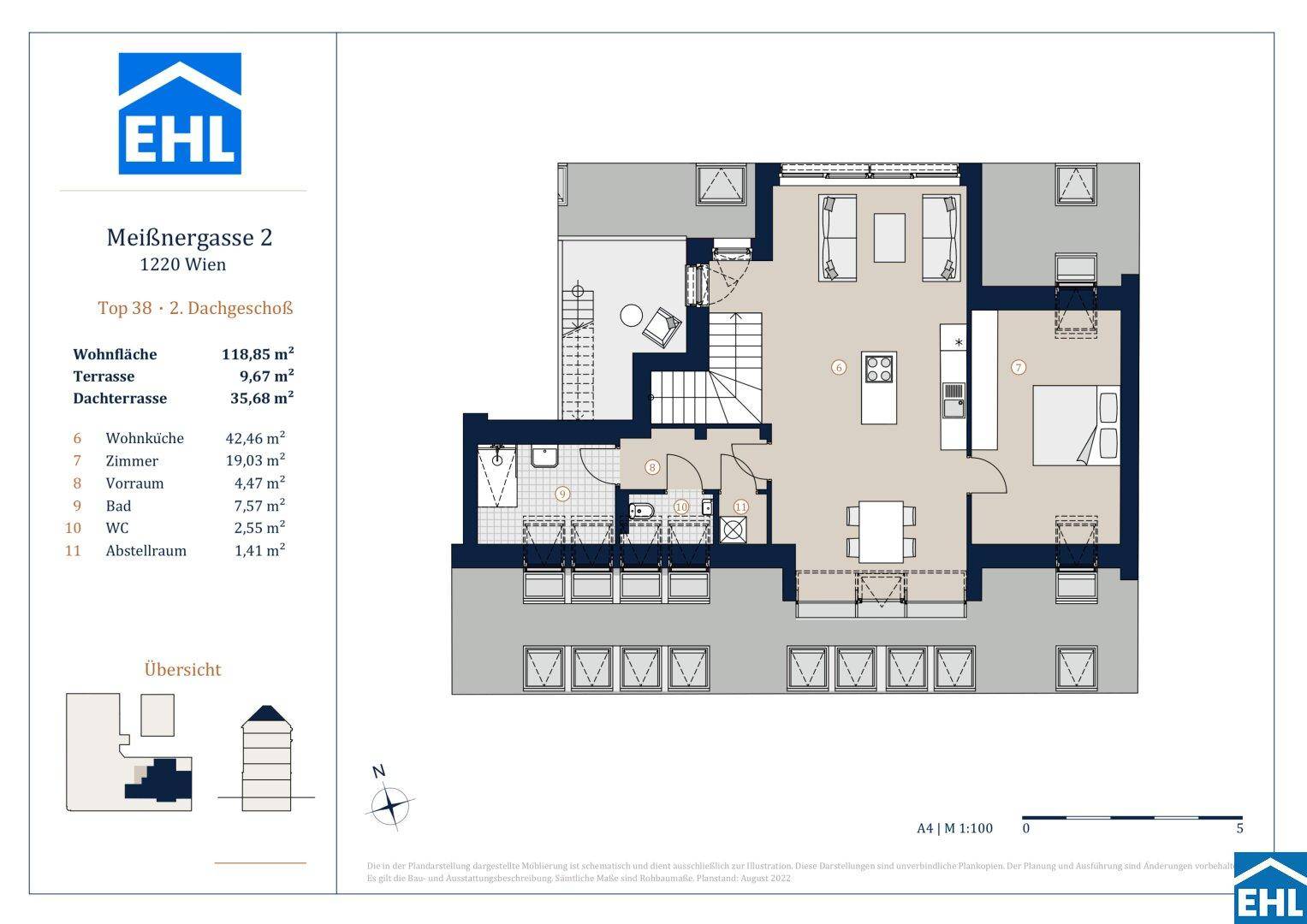 Detaillierter Grundriss einer Wohnung im 2. Dachgeschoss mit Terrasse und Dachterrasse.