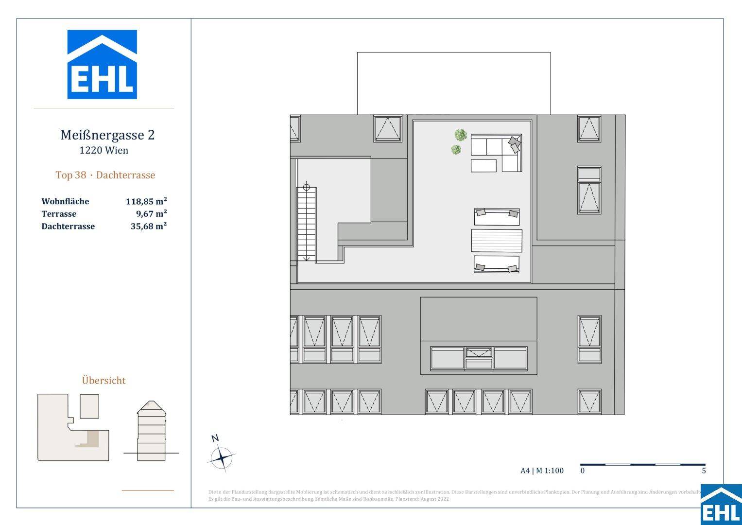 Grundriss der Dachterrasse mit großzügigem Außenbereich und vorgesehenen Sitzgelegenheiten.