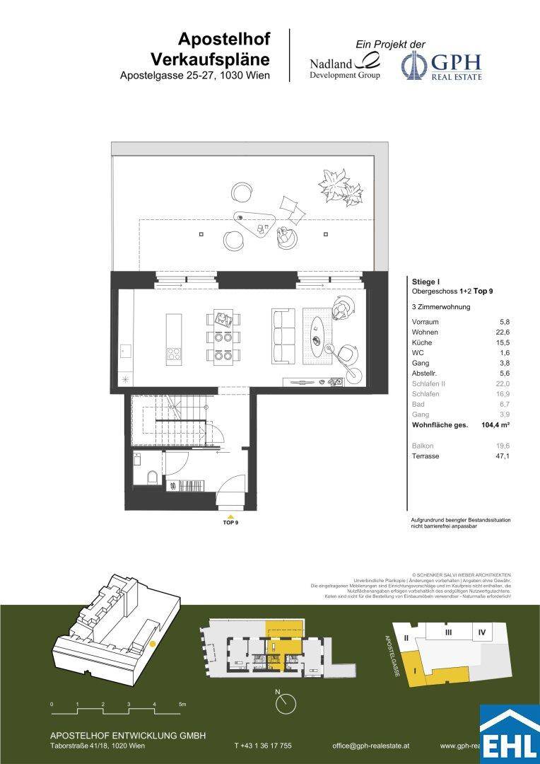 Grundriss einer 3-Zimmer-Wohnung im Obergeschoss mit Balkon und großer Terrasse.