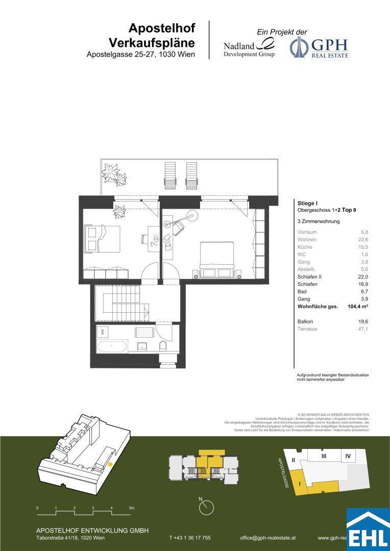 Grundriss einer 3-Zimmer-Wohnung im Obergeschoss mit Balkon und großer Terrasse.