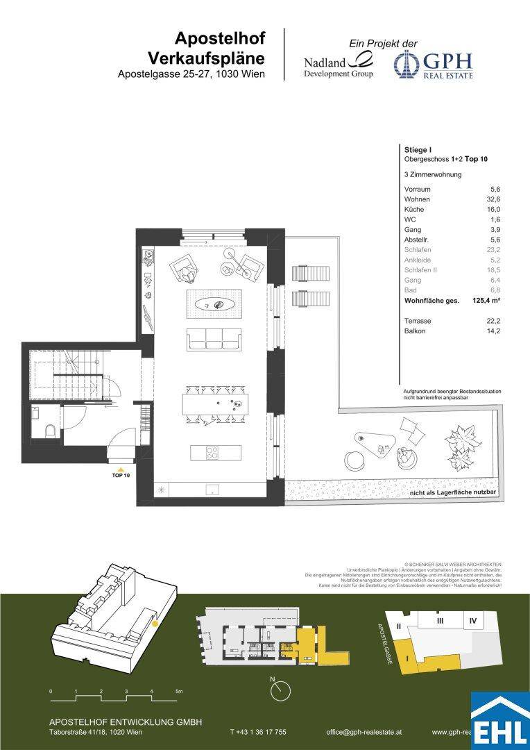 Grundriss einer 3-Zimmer-Wohnung mit offenem Wohnbereich, Terrasse und Balkon.