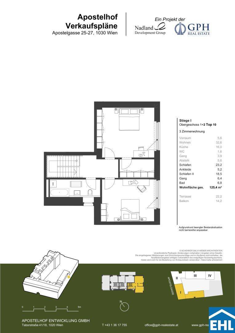 Grundriss einer 3-Zimmer-Wohnung mit zwei Schlafzimmern, Bad, separatem WC, Terrasse und Balkon.