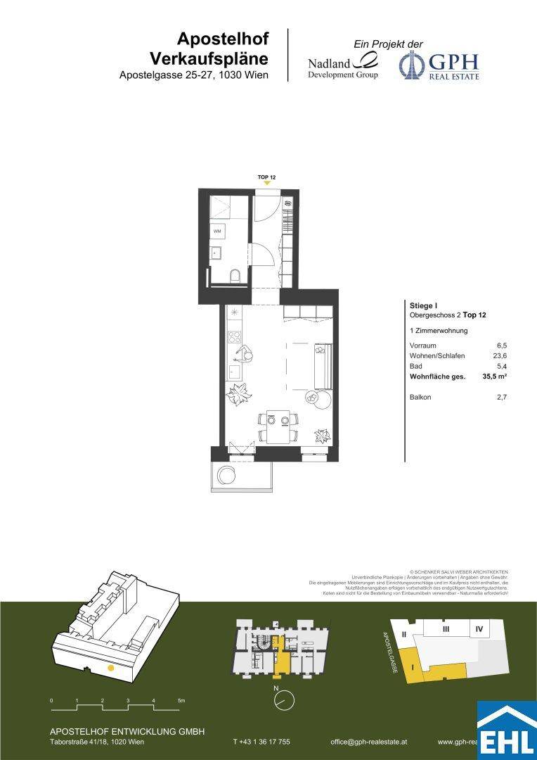 Grundriss einer 1-Zimmer-Wohnung mit offenem Wohn-/Schlafbereich, separatem Bad und Balkonzugang.