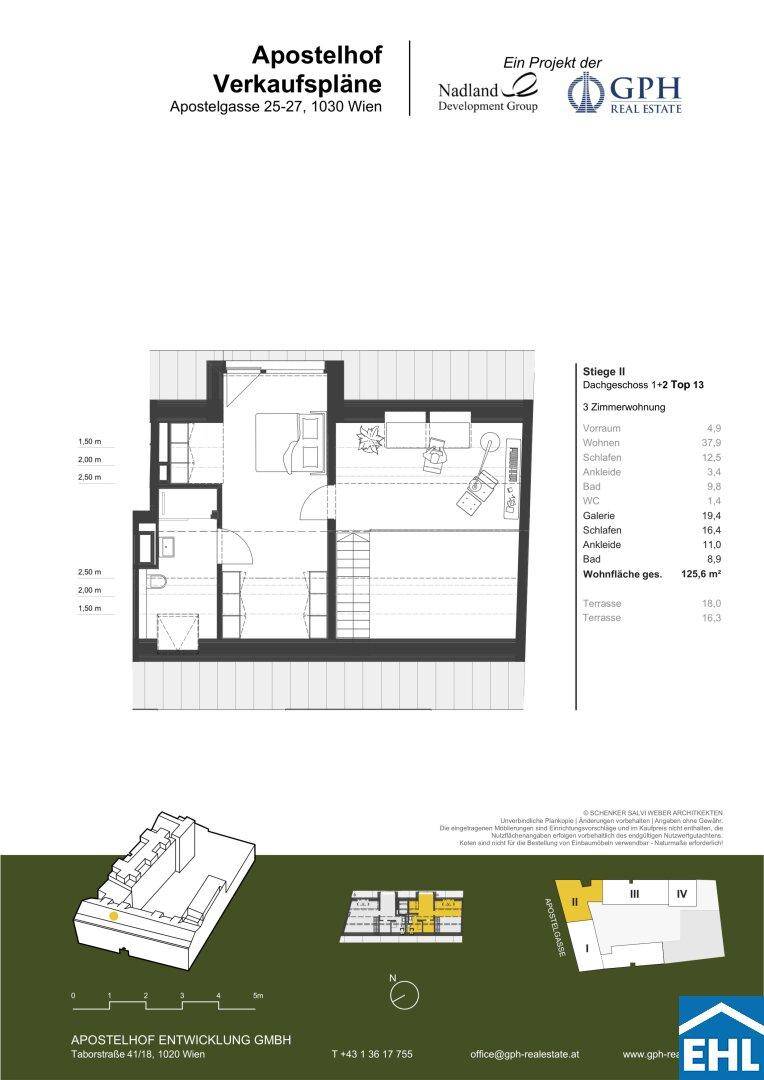 Grundriss einer 125,5 m² großen 3-Zimmer-Wohnung mit Schlafzimmern und Terrassen.