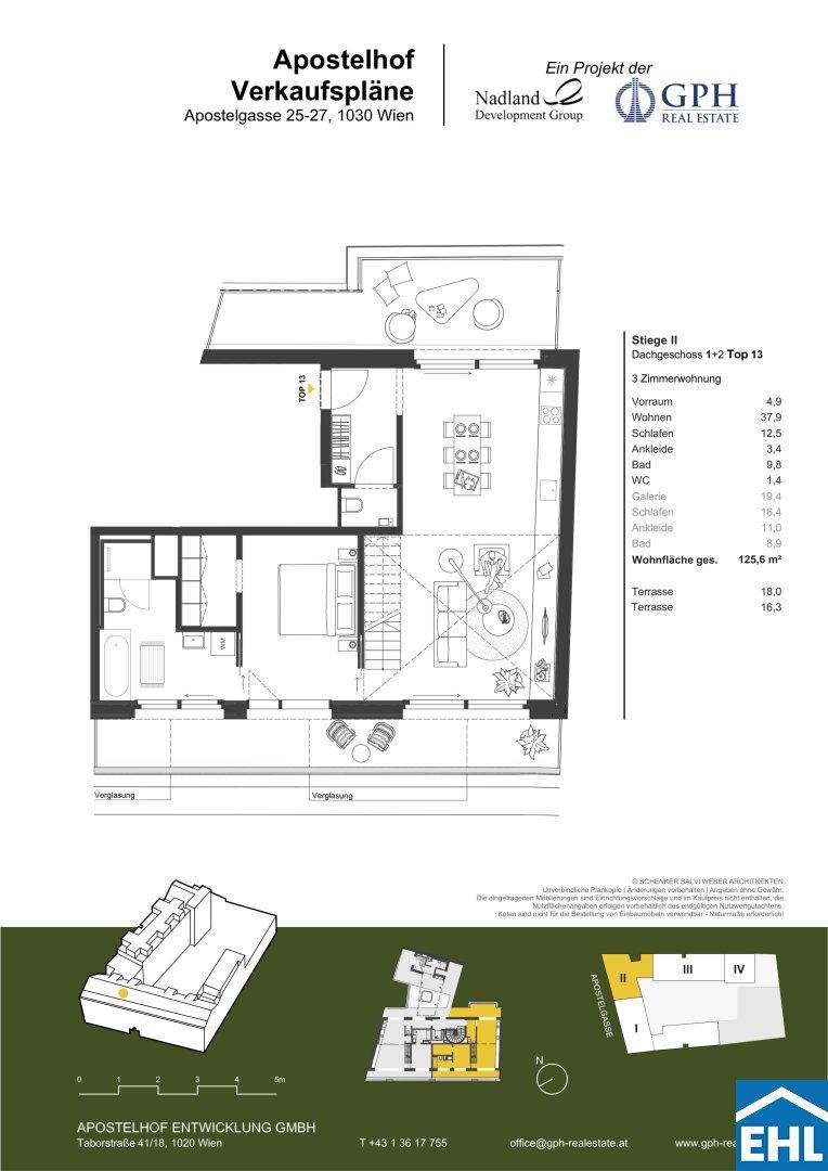 Grundriss einer 125,5 m² großen 3-Zimmer-Wohnung mit offenem Wohnbereich und zwei Terrassen.