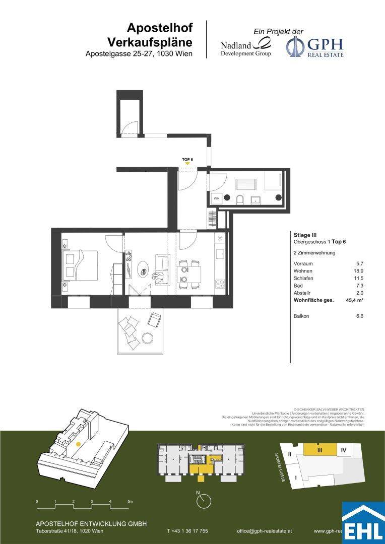 Grundriss einer 2-Zimmer-Wohnung mit 45,4 m² Wohnfläche und einem Balkon von 6,6 m².