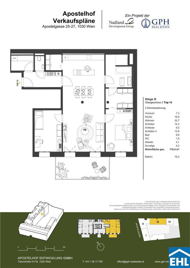 Grundriss einer 3-Zimmer-Wohnung mit Balkon und offenem Wohnbereich.