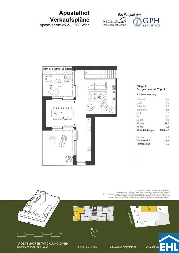 Grundriss einer 3-Zimmer-Wohnung mit Balkon und Terrasse.