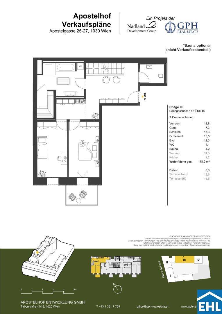 Grundriss einer 3-Zimmer-Wohnung mit Balkon und Terrasse.