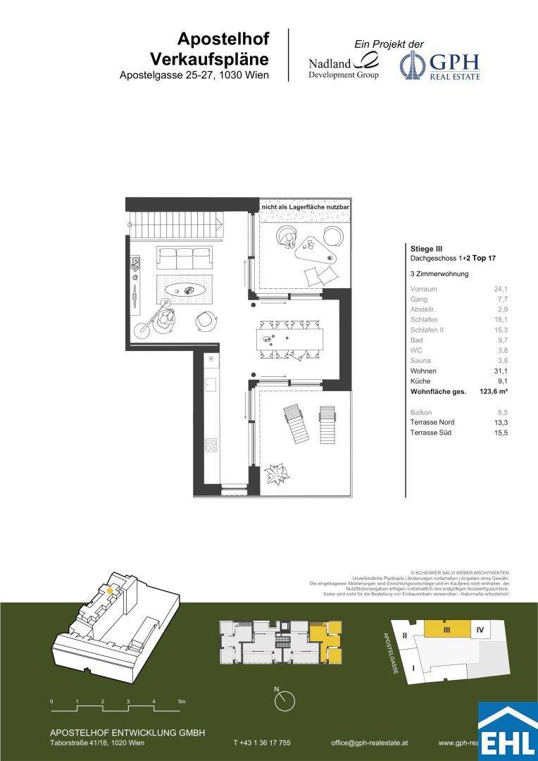Grundriss einer 3-Zimmer-Wohnung im Dachgeschoss mit Balkon und zwei Terrassen.