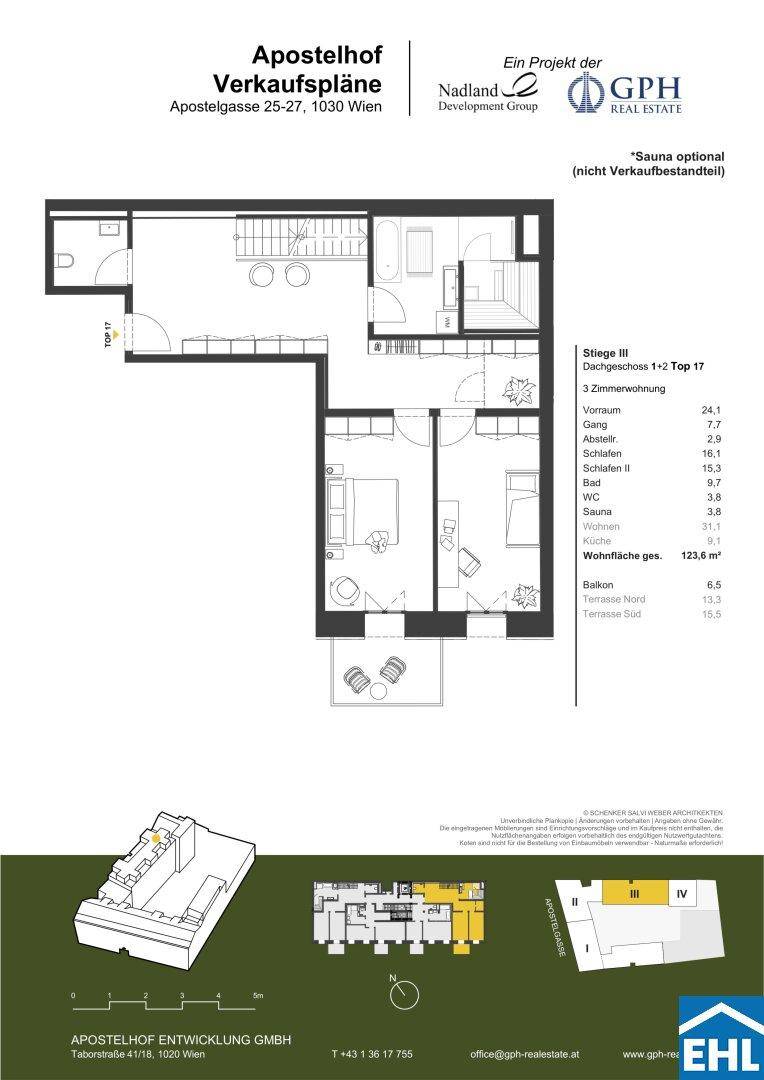 Grundriss einer 3-Zimmer-Wohnung im Dachgeschoss mit Balkon und zwei Terrassen.