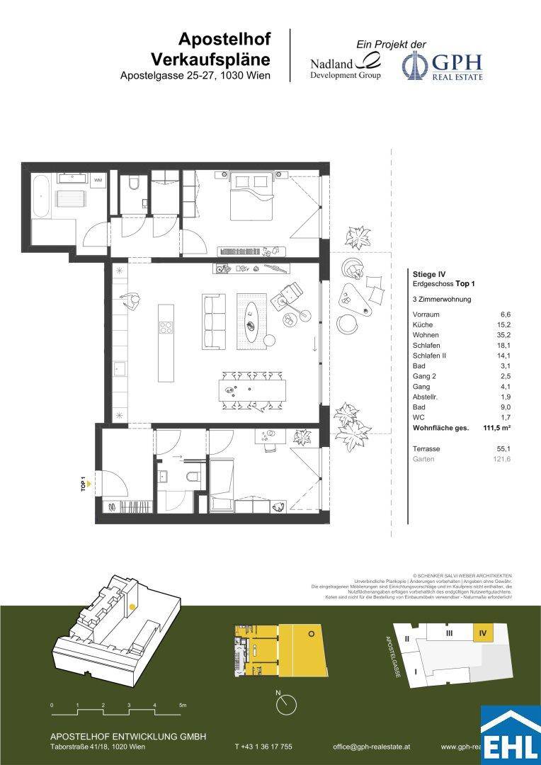 Grundriss einer 3-Zimmer-Wohnung mit Terrasse und offenem Wohnbereich.