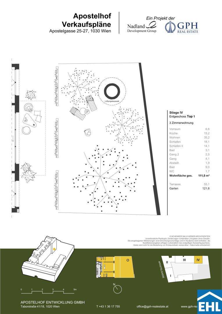 Grundriss des Garten- und Terrassenbereichs einer Erdgeschosswohnung.
