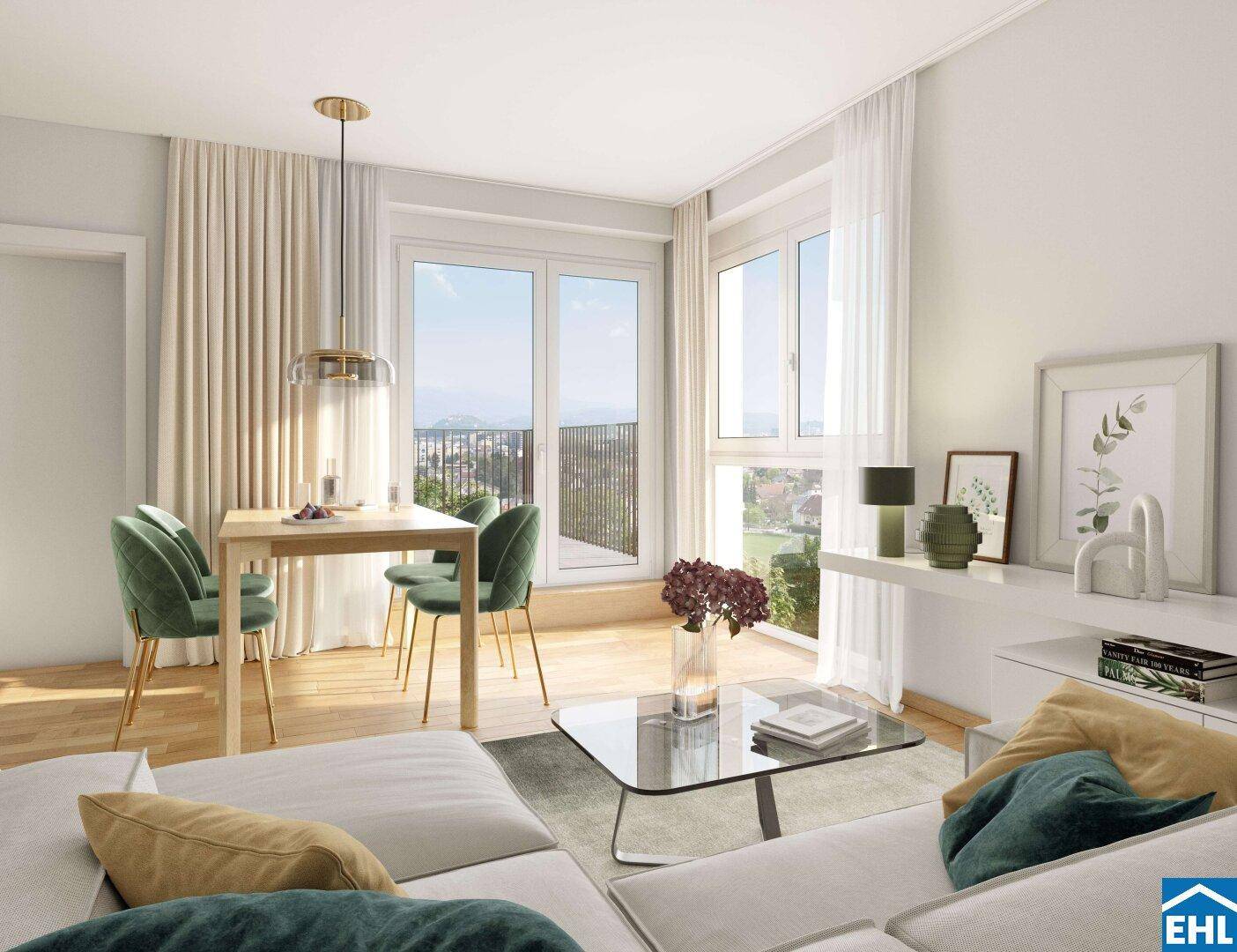 Heller Wohn-Essbereich mit modernem Design, Holzboden und Zugang zu einem Balkon mit Weitblick.