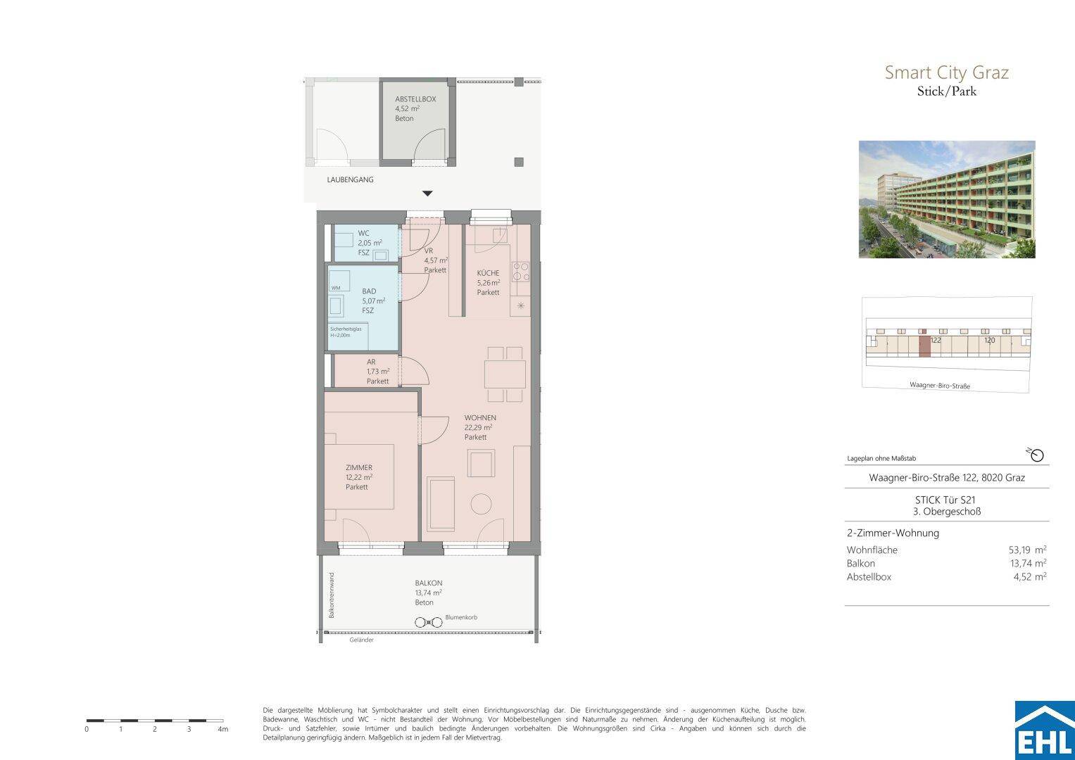 Detaillierter Grundriss einer 2-Zimmer-Wohnung mit Balkon, separatem WC und Abstellbox.