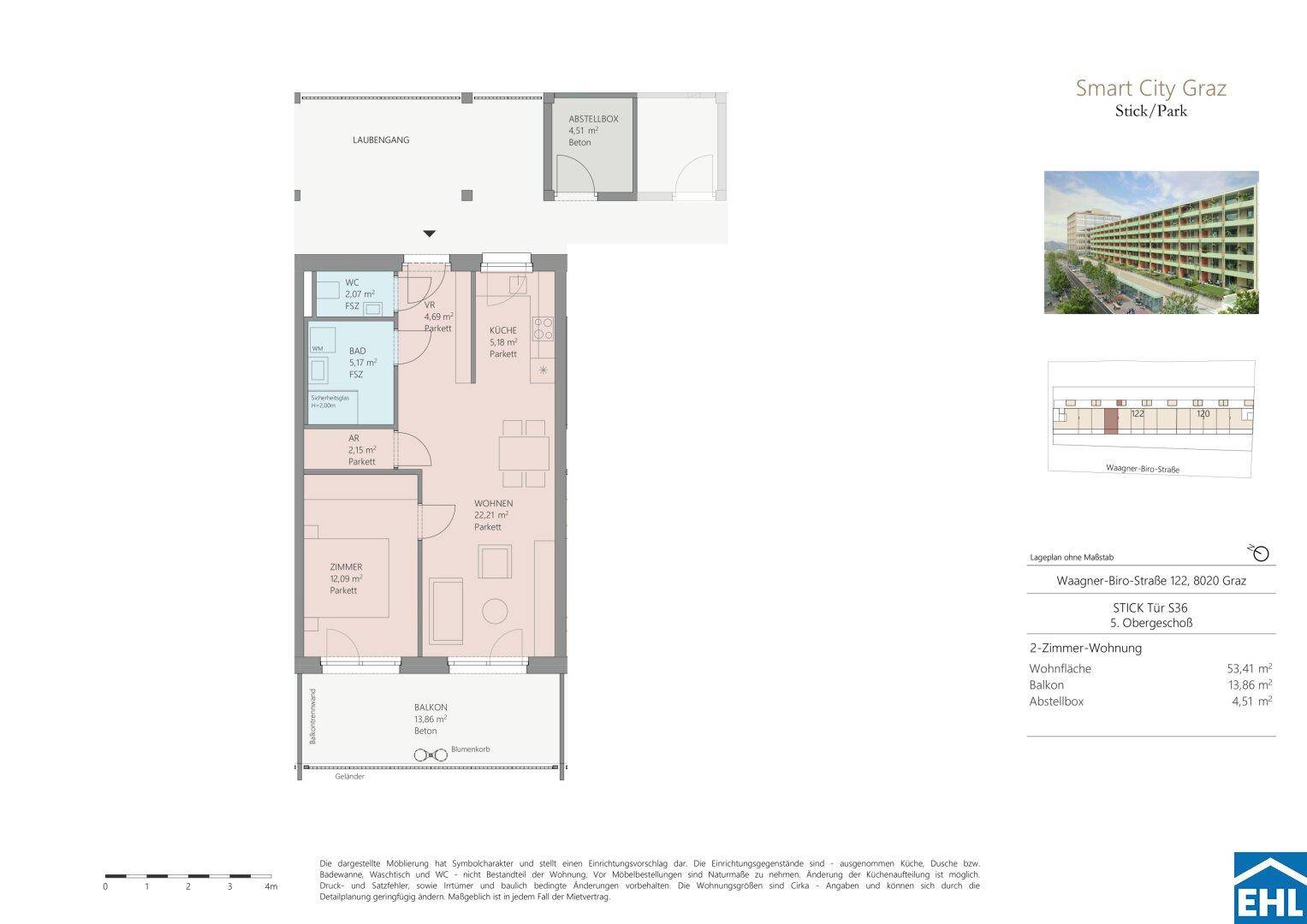 Grundriss einer 2-Zimmer-Wohnung mit Balkon und Abstellbox, 5. Obergeschoss.
