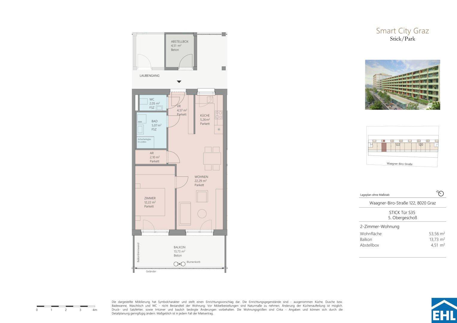 Grundriss einer 2-Zimmer-Wohnung im 5. Obergeschoss mit Balkon und Abstellbox.