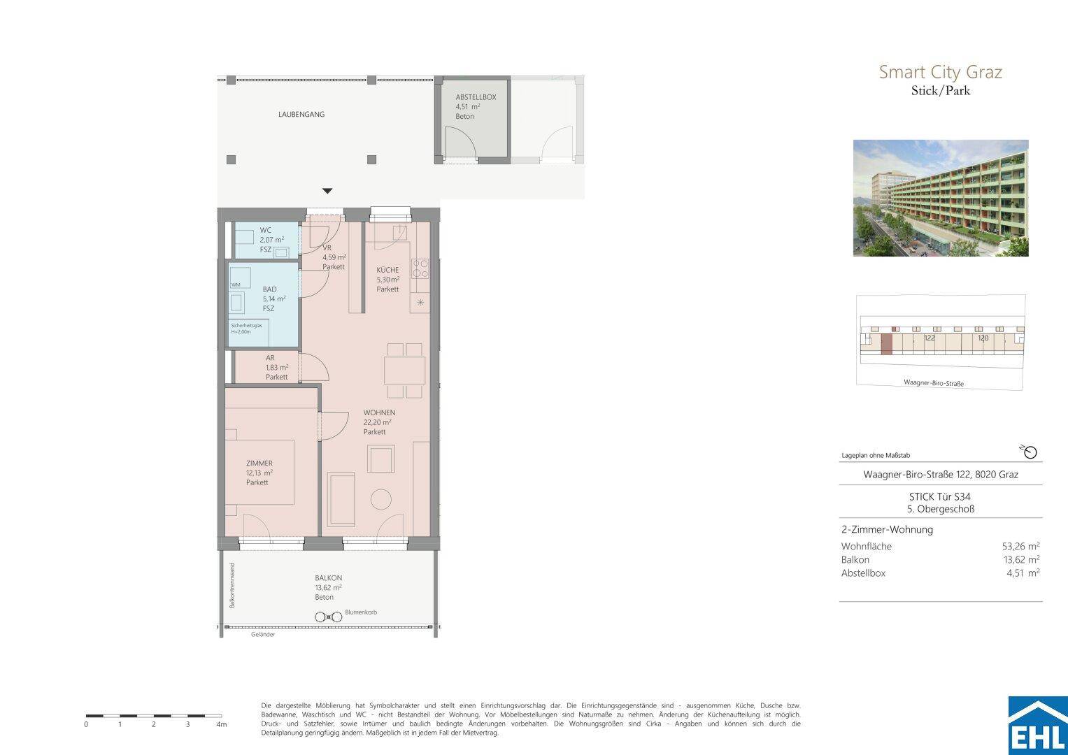 Grundriss einer 2-Zimmer-Wohnung mit Balkon und Abstellbox, Gesamtfläche 53,26 m².