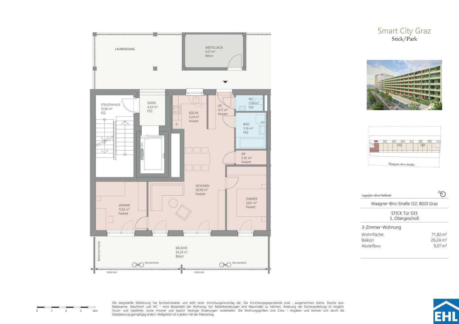 Detaillierter Grundriss einer 3-Zimmer-Wohnung mit Balkon und Abstellraum.