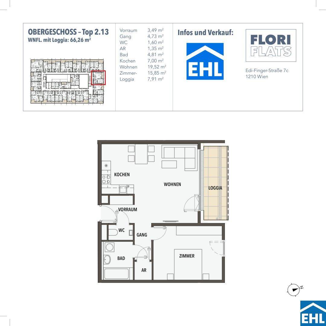 Detaillierter Grundriss einer Wohnung im Obergeschoss mit Loggia und separatem WC.