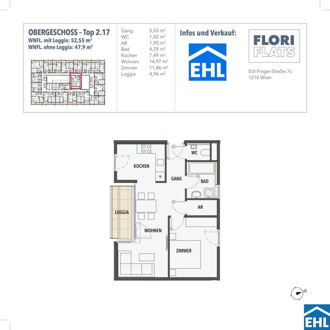 Grundriss der Wohnung Top 2.17 mit Loggia, Küche, Wohn- und Schlafzimmer.