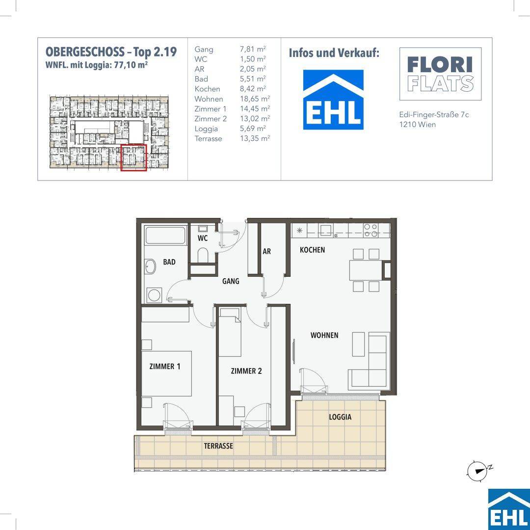 Grundriss der Wohnung Top 2.19 im Obergeschoss mit Loggia und Terrasse, 77,10 m².