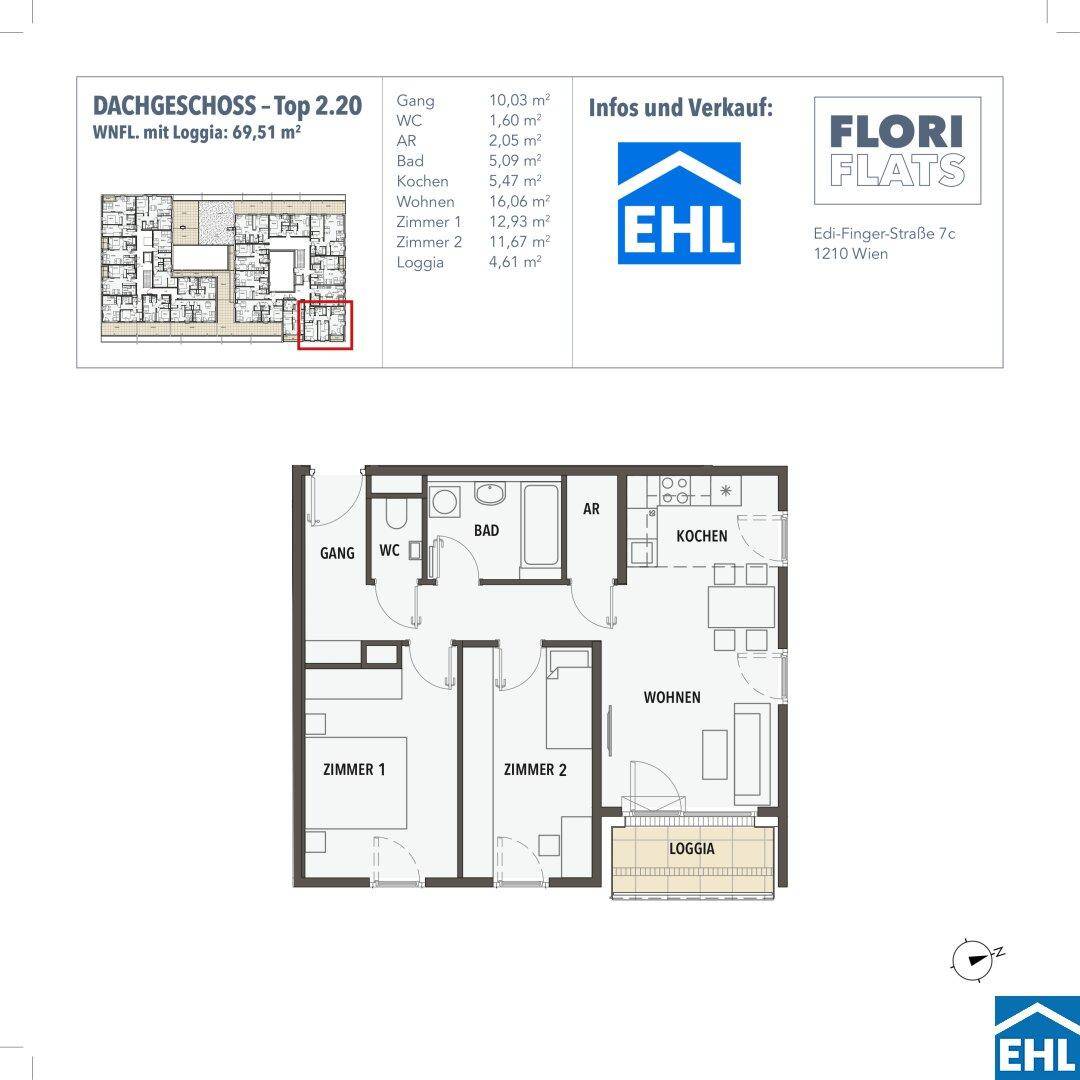 Grundriss einer Dachgeschosswohnung mit Loggia, zwei Schlafzimmern und offenem Wohnbereich.