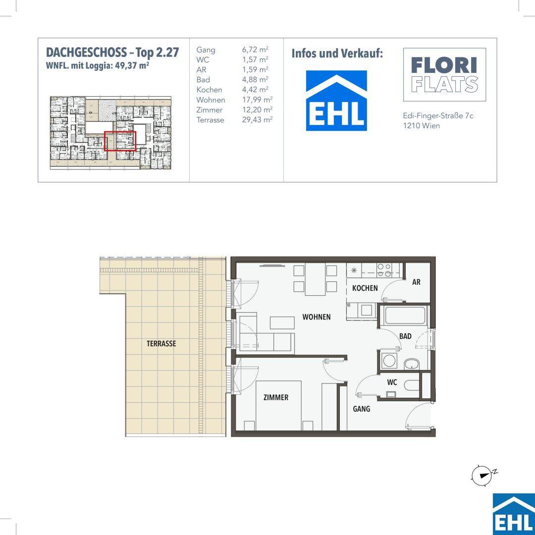 Detaillierter Grundriss des Dachgeschosses mit Terrasse und offenem Wohnbereich.