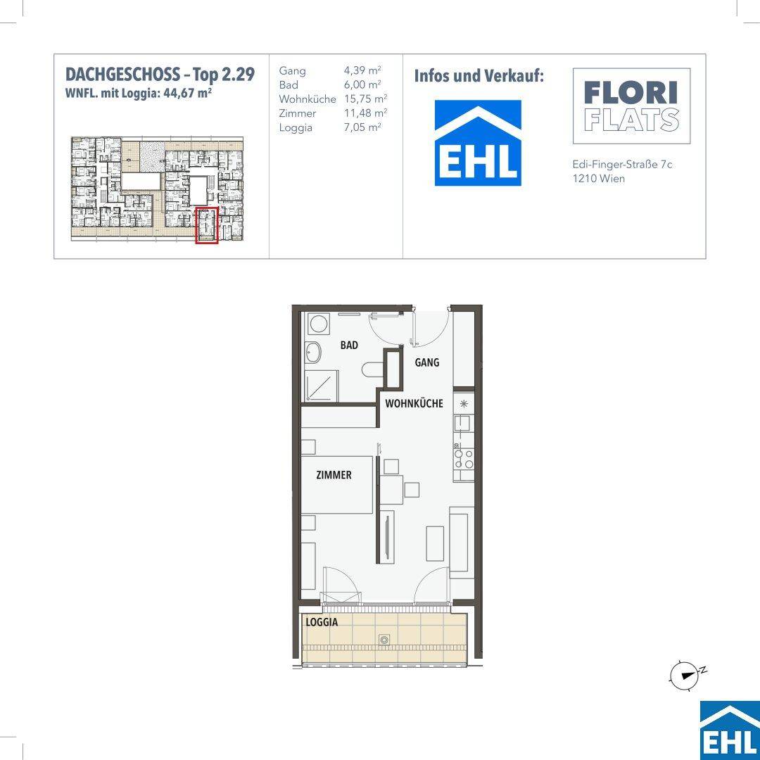 Grundriss des Dachgeschosses Top 2.29 mit Wohnküche, Zimmer, Bad und Loggia.