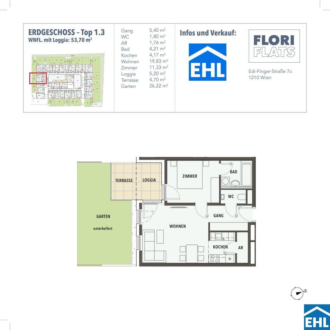 Grundriss der Erdgeschosswohnung Top 1.3 mit Terrasse, Loggia und Gartenbereich.