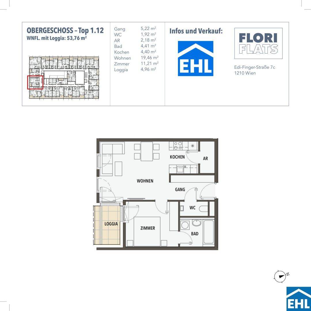 Grundriss einer Wohnung im Obergeschoss mit Loggia und offenem Wohnbereich.