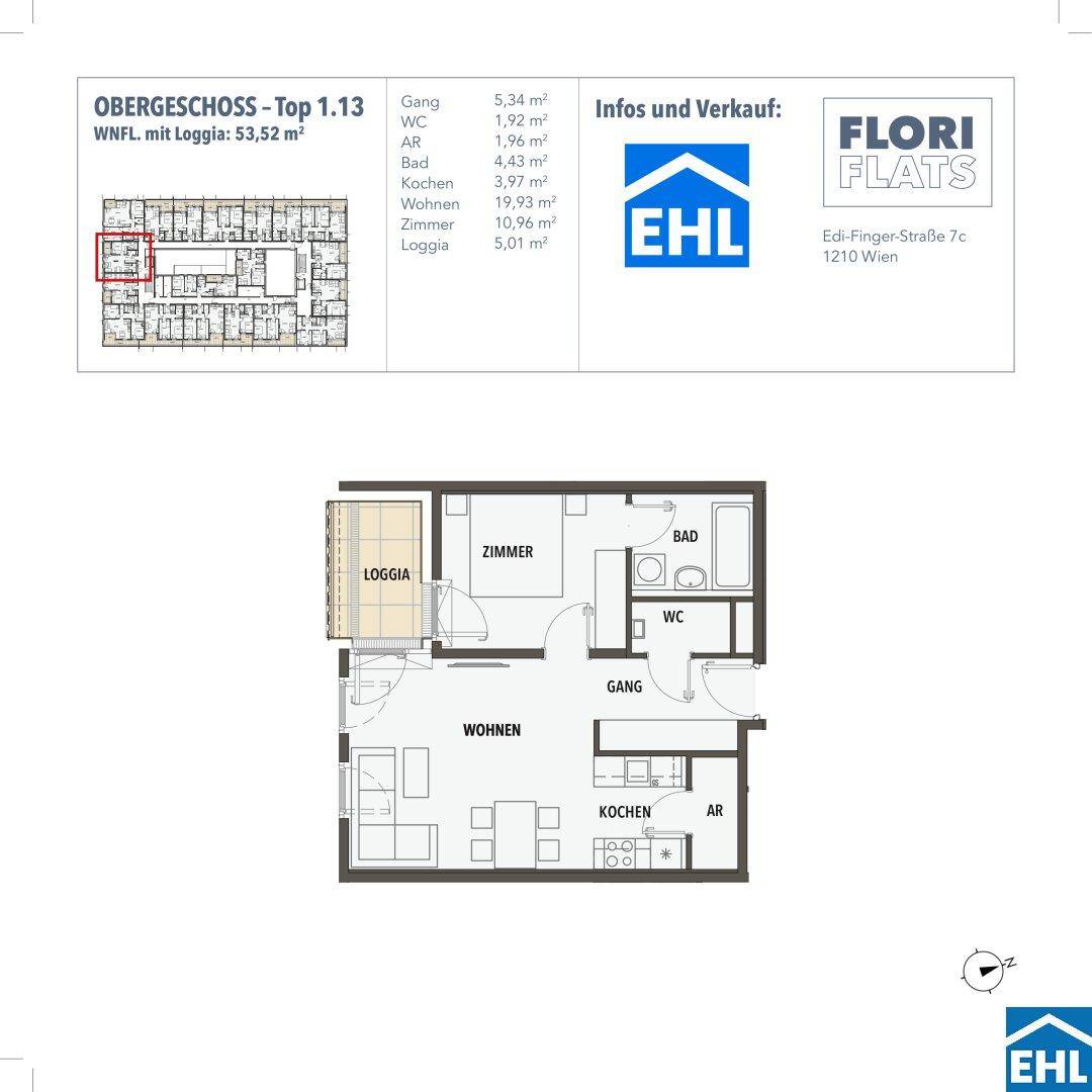 Grundriss des Obergeschosses Top 1.13 mit Loggia, Zimmer, Bad, WC, Gang, Wohnen, Kochen und Abstellraum.