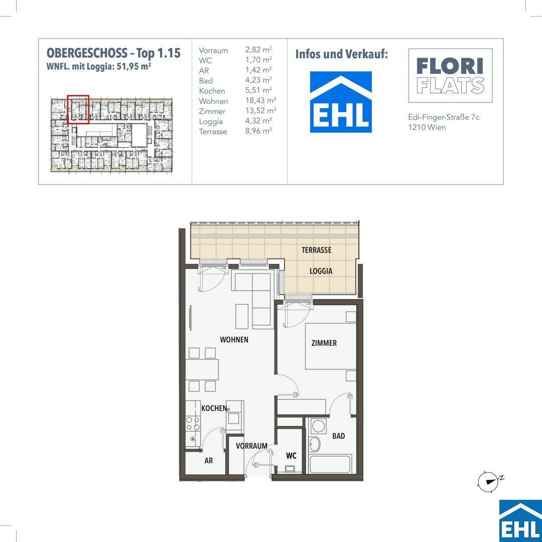 Grundriss einer Wohnung mit Loggia und Terrasse, zeigt die Raumaufteilung.