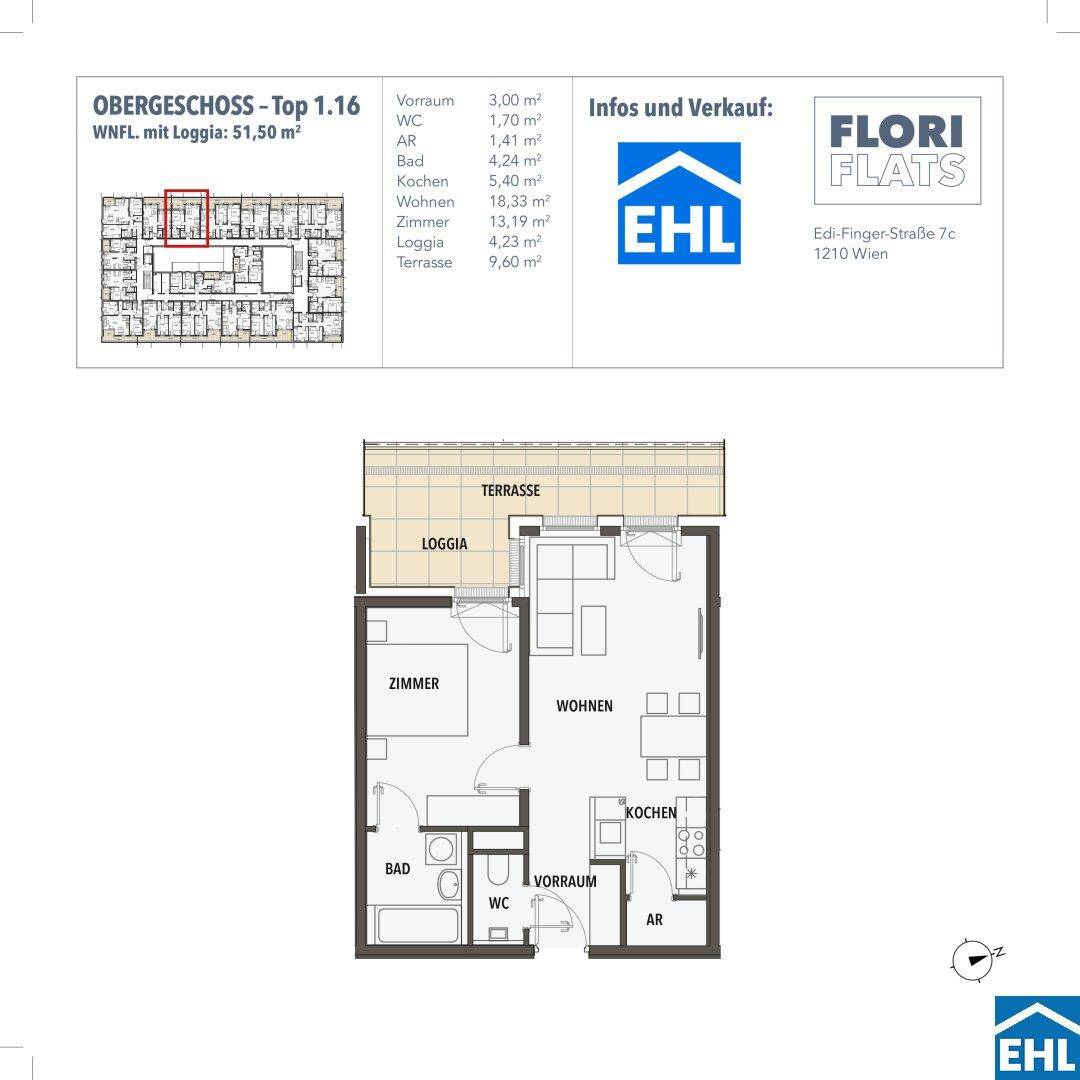 Grundriss der Wohnung Top 1.16 im Obergeschoss mit separatem Bad, WC, Loggia und Terrasse.