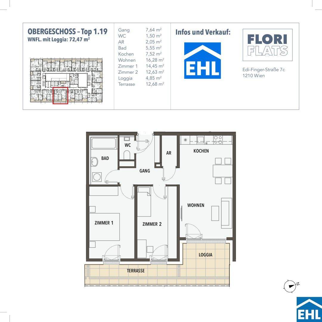 Grundriss einer Obergeschosswohnung mit zwei Zimmern, Loggia und Terrasse.
