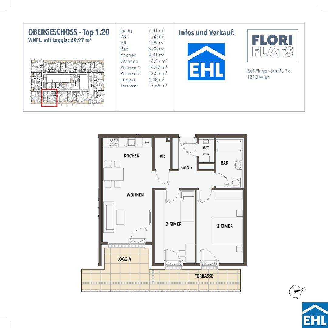 Grundriss des Obergeschosses Top 1.20 mit Loggia und Terrasse, Gesamtfläche 69,97 m².